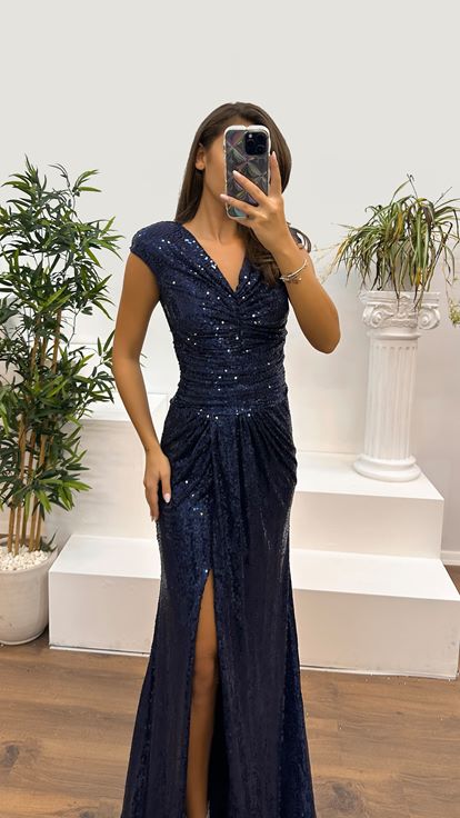 Marineblaues, drapiertes Abendkleid mit V-Ausschnitt und Pailletten an der Taille