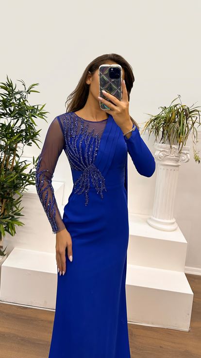 Saks Asymmetrical Detail Embroidered Design Evening Dress on the Chest