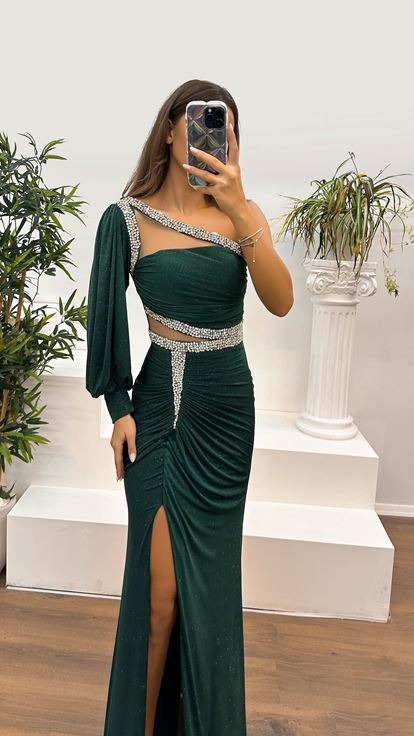 Emerald Single Sleeve Transparent Stone Design Evening Dress