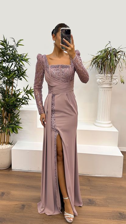 Lilac Waist Detail Embroidered Design Evening Dress