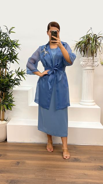 Indigo Plus Size Satin Evening Dress Suit
