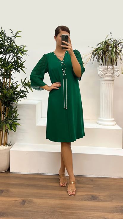 Zümrüt Taş Detay Büyük Beden Abiye Elbise