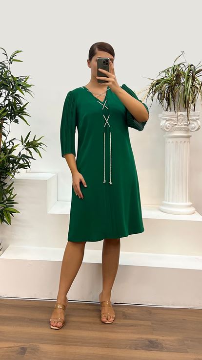 Zümrüt Taş Detay Büyük Beden Abiye Elbise