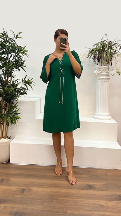 Zümrüt Taş Detay Büyük Beden Abiye Elbise