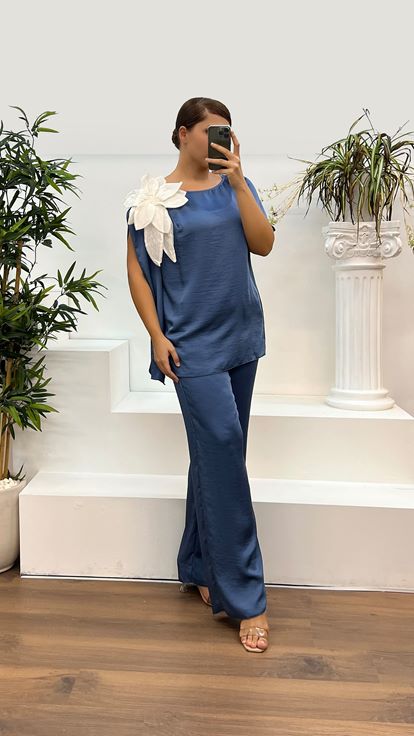 İndigo Yaka Çiçek Detay Büyük Beden Abiye Takım Elbise