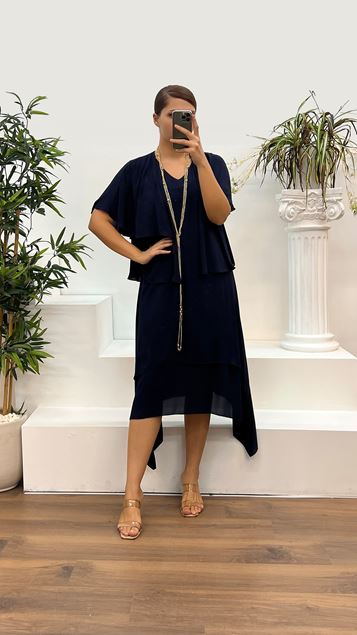 Traje de vestir de noche de talla grande con detalle de manga y cuello en V azul marino