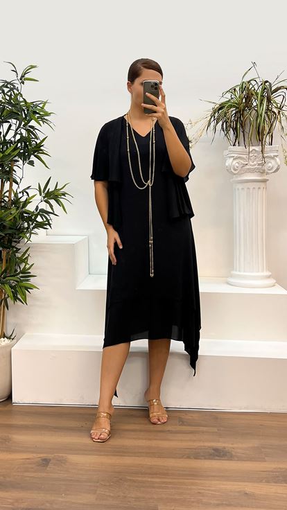 Black V Neck Plus Size Evening Suit with Sleeve Detail