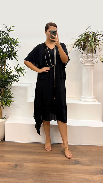 Black V Neck Plus Size Evening Suit with Sleeve Detail