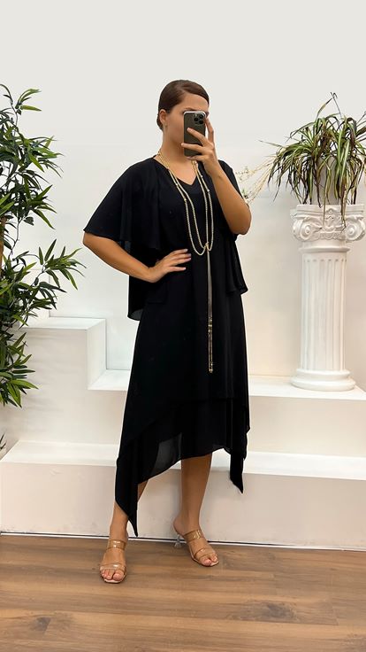 Black V Neck Plus Size Evening Suit with Sleeve Detail