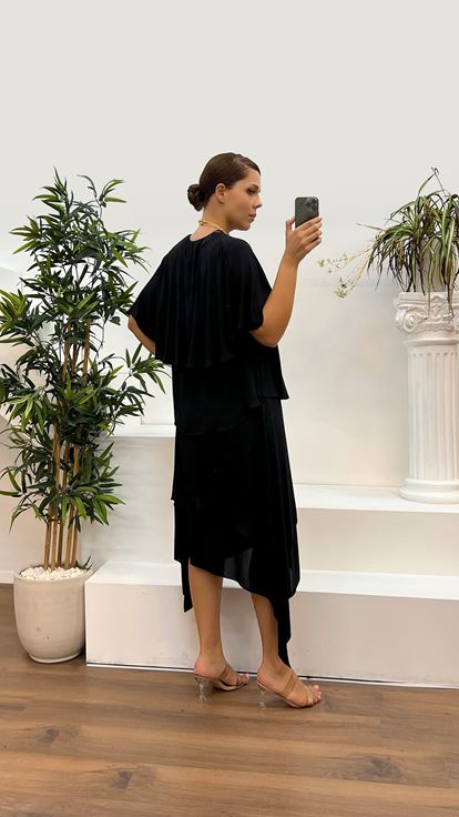 Black V Neck Plus Size Evening Suit with Sleeve Detail