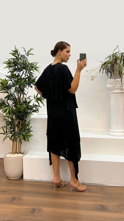 Black V Neck Plus Size Evening Suit with Sleeve Detail