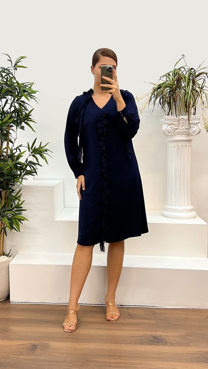 Navy Blue V-Neck Long Sleeve Satin Plus Size Evening Dress