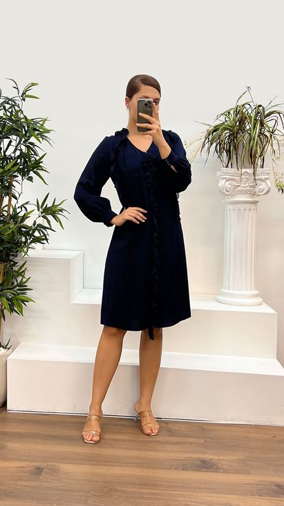 Navy Blue V-Neck Long Sleeve Satin Plus Size Evening Dress