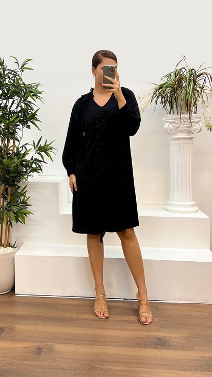 Black V-Neck Long Sleeve Satin Plus Size Evening Dress