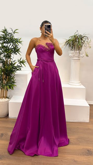 Fuchsia Strapless Design Dress with Embroidered Chest