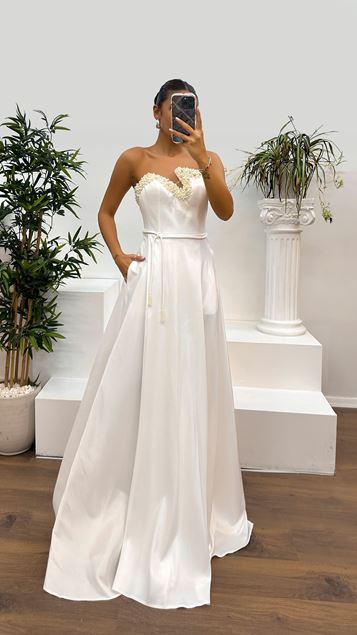 White Strapless Design Dress with Embroidered Chest