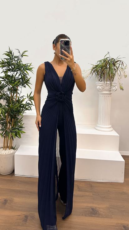 Navy Blue V-Neck Waist Rose Detail Pleated Design Jumpsuit