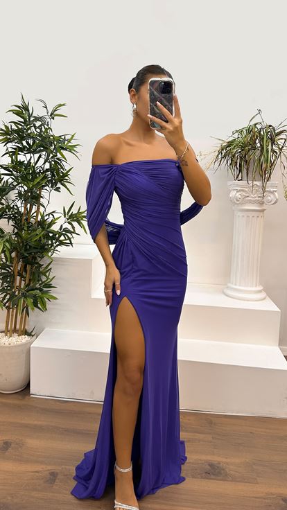 Lilac Thick Strapped Ruched Evening Dress