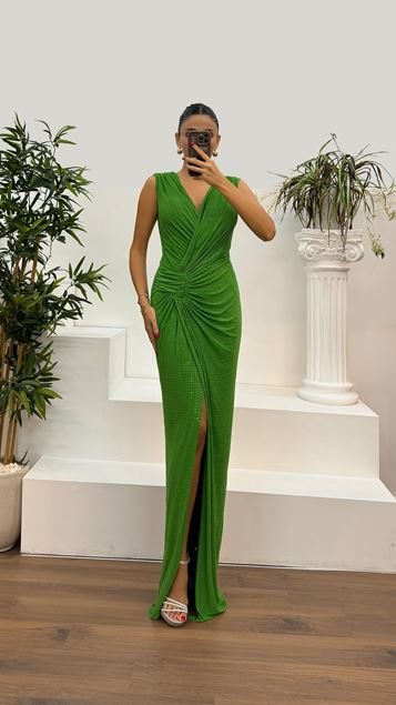 Green V-Neck Waist Draped Evening Dress
