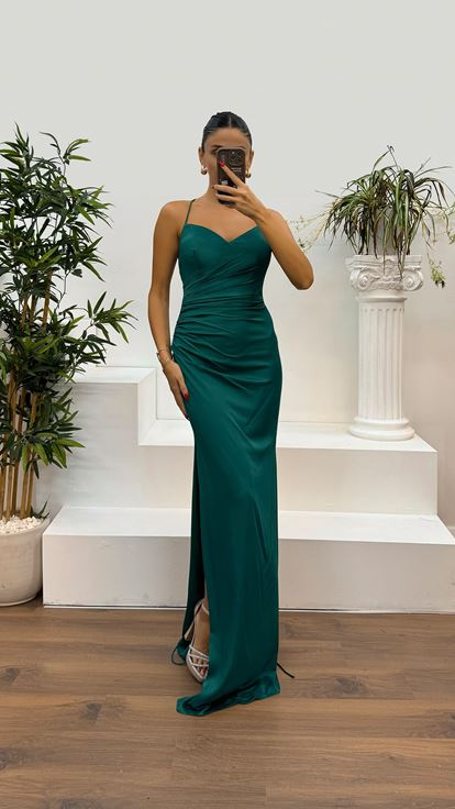 Light Emerald Green Strappy Draped Evening Dress