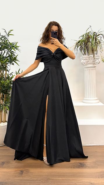 Black Chest Detail Taffeta Evening Dress
