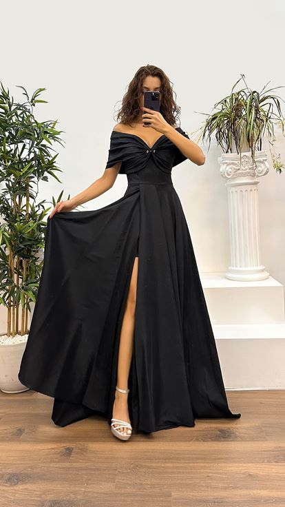 Black Taffeta Evening Dress with Bust Detail