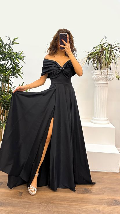 Black Taffeta Evening Dress with Bust Detail
