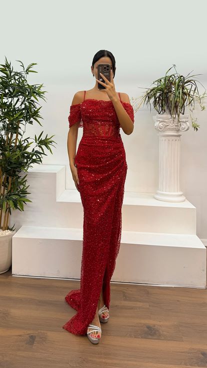 Red Drape Neckline Embroidered Evening Dress