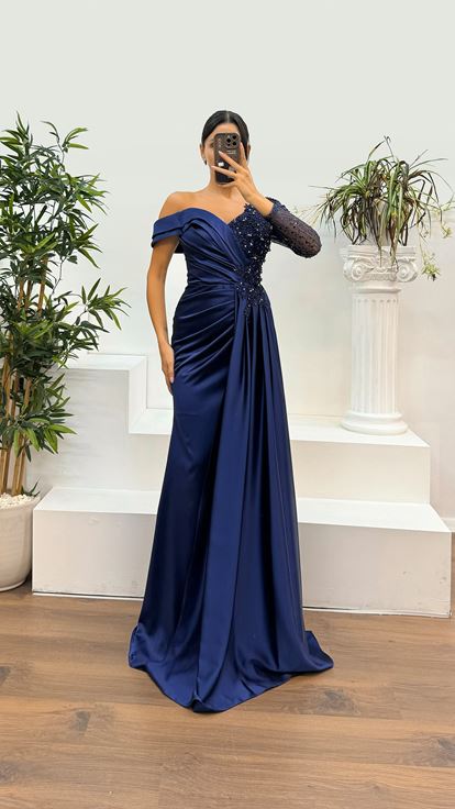 Navy Blue Single Sleeve Lace Detail Satin Evening Dress