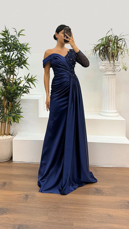 Navy Blue Single Sleeve Lace Detail Satin Evening Dress