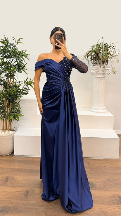 Navy Blue Single Sleeve Lace Detail Satin Evening Dress