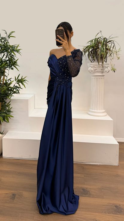 Navy Blue Single Sleeve Lace Detail Satin Evening Dress