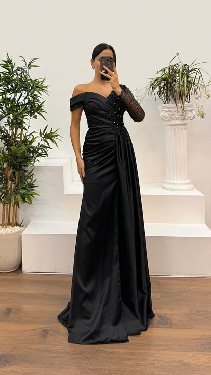 Black Single Sleeve Lace Detail Satin Evening Dress