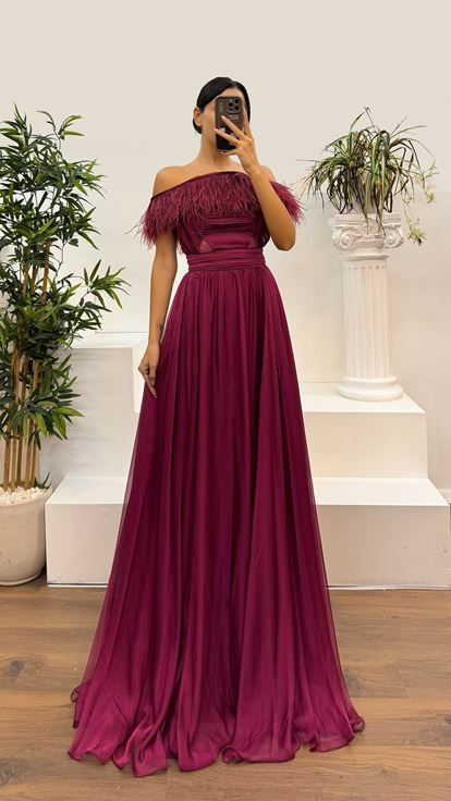 Plum Neck Feather Detail Waist Tranprane Evening Dress