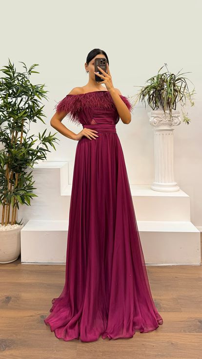 Plum Neck Feather Detail Waist Tranprane Evening Dress