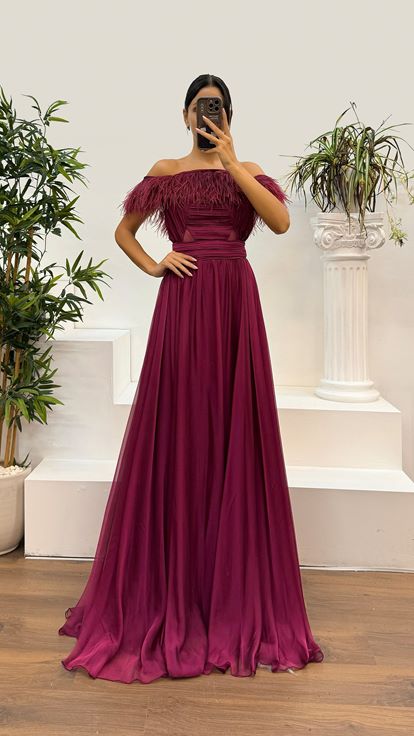 Plum Neck Feather Detail Waist Tranprane Evening Dress