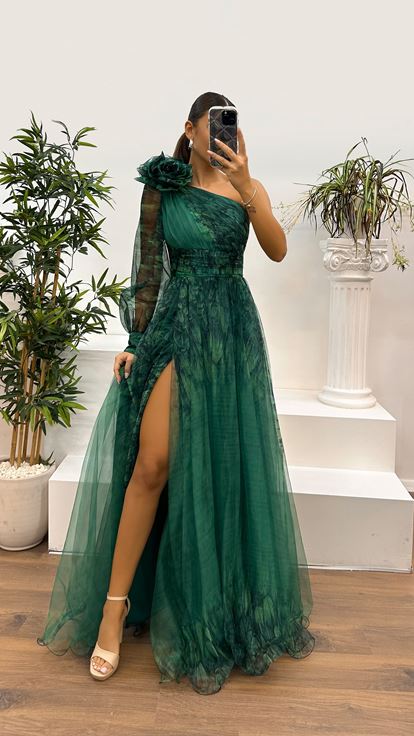 Green Single Sleeve Tulle Evening Dress