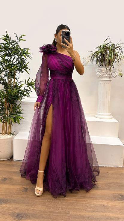 Fuchsia Single Sleeve Tulle Evening Dress