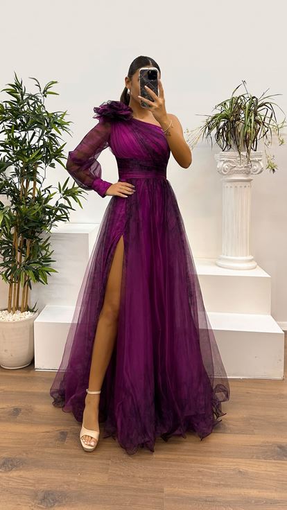 Fuchsia Single Sleeve Tulle Evening Dress