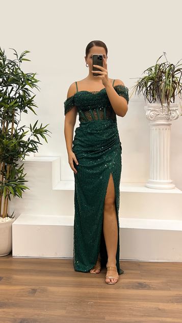 Green Rope Strap Plus Size Sequined Evening Dress