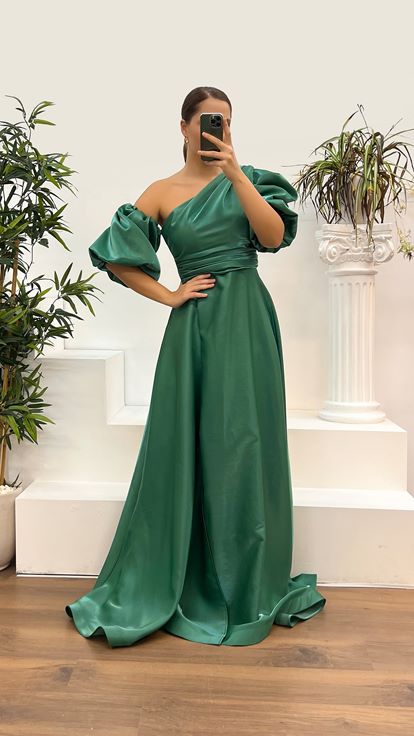 Yeşil Balon Kol Büyük Beden Abiye Elbise