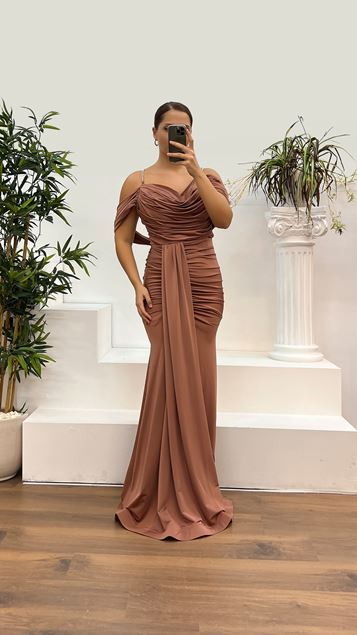 Brown Rope Strap Back Detail Plus Size Evening Dress
