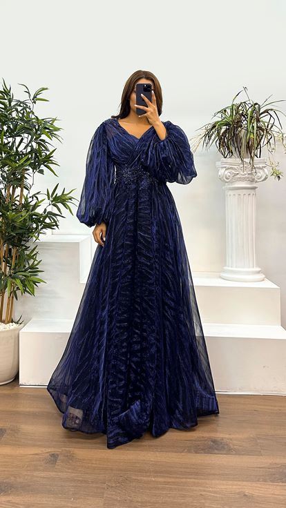 Navy Blue Balloon Sleeve Embroidered Evening Dress