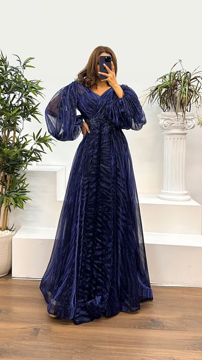 Navy Blue Balloon Sleeve Embroidered Evening Dress