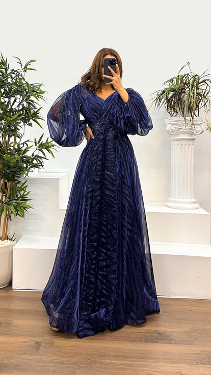 Navy Blue Balloon Sleeve Embroidered Evening Dress