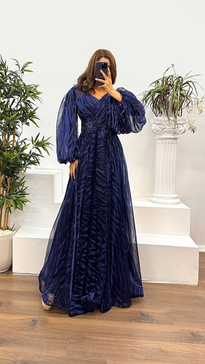 Navy Blue Balloon Sleeve Embroidered Evening Dress