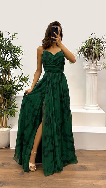 فستان سهرة شيفون منقوش بحزام حبل أخضر