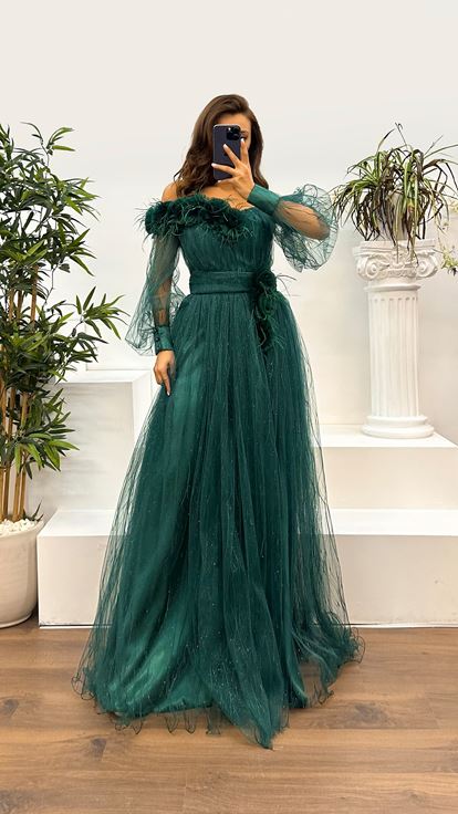 Green Floral Detail Tulle Evening Dress