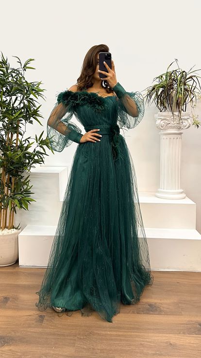 Green Floral Detail Tulle Evening Dress