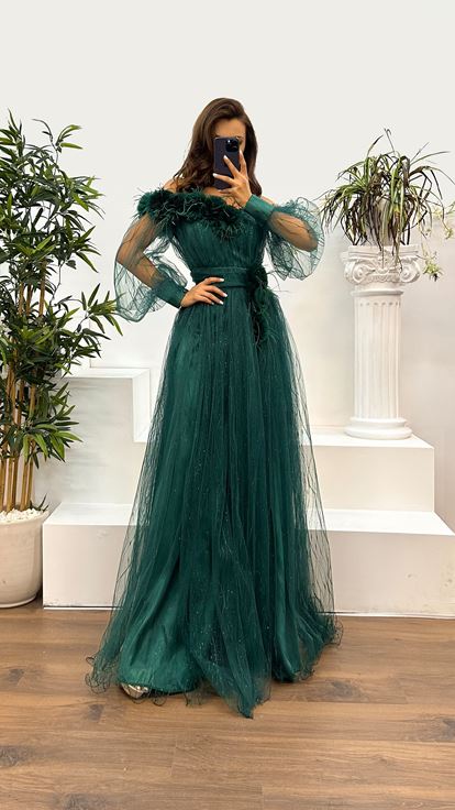 Green Floral Detail Tulle Evening Dress